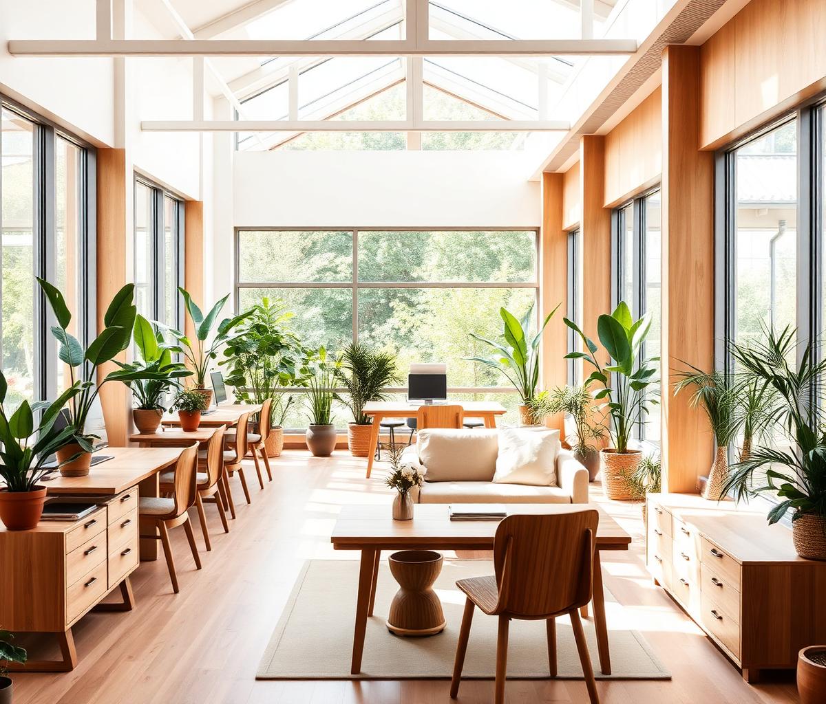 A warm, brightly lit modern office with wood furniture and plants